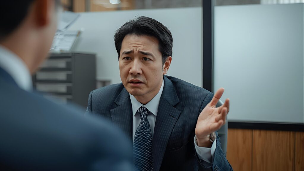 勤務中に痛風発作が起き、冷静に対処している従業員