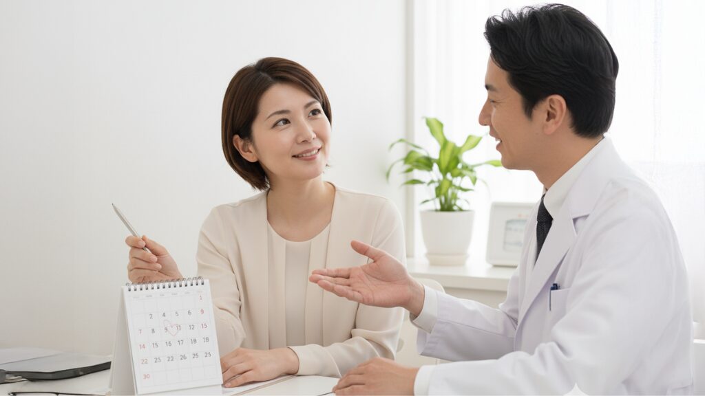 医師に相談し、つわりで仕事を休む計画を立てる女性