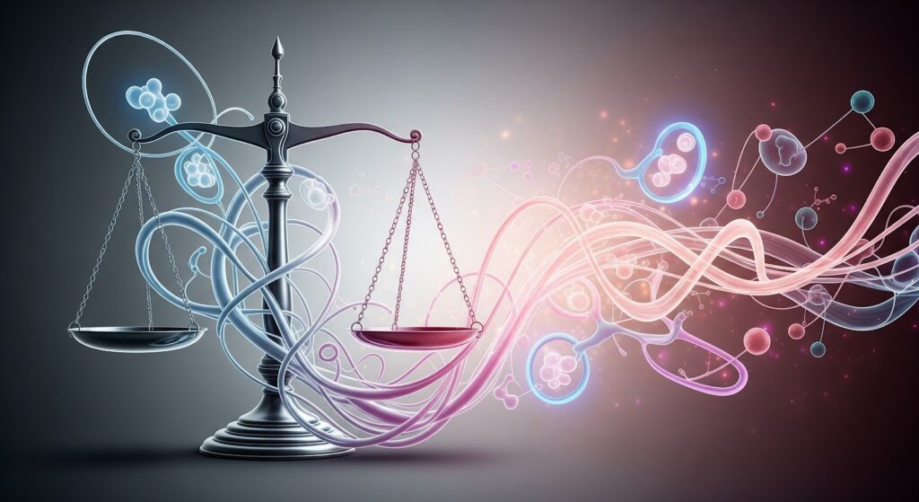 脳のイラストとホルモンの分子モデル、そして法律の条文がデザインされたグラフィック
