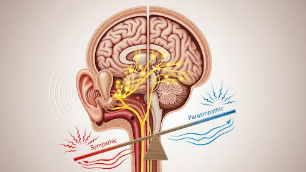 気圧の変化を内耳が感知し、自律神経のバランスが乱れる気象病の科学的メカニズムを示した図解イラスト
