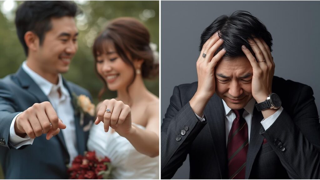 笑顔で結婚指輪を見せ合うカップルと、頭を抱えるビジネスパーソンのイラストを並べた対比的なイメージ