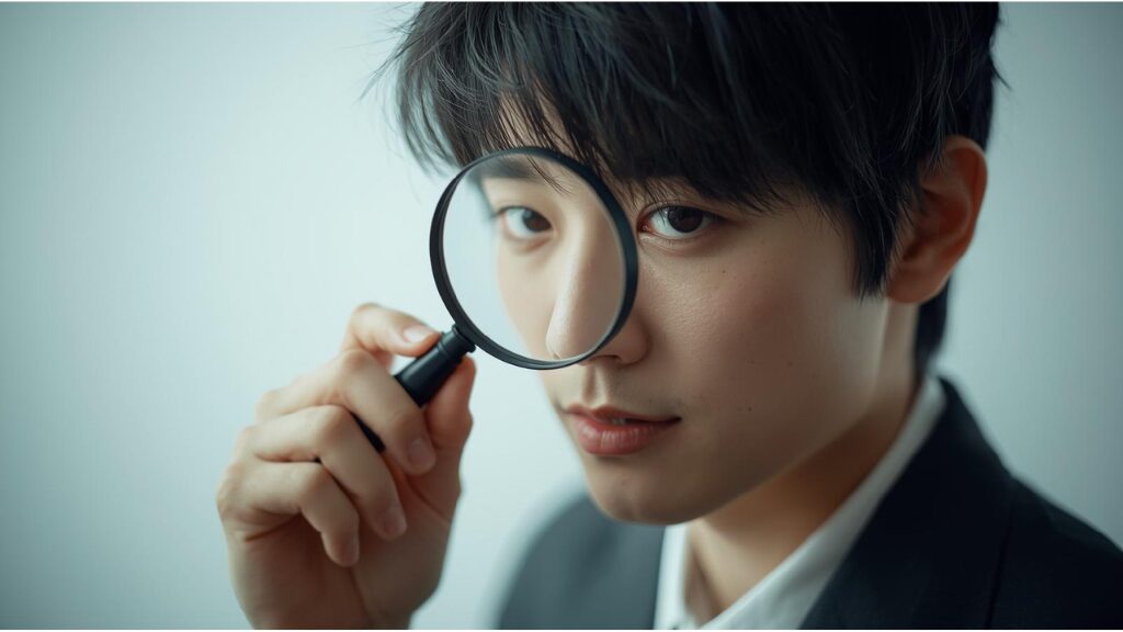 虫眼鏡で自身の心の中を覗き込んでいる人のイラスト