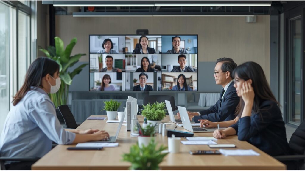 リモートワーク中の社員や、多様な世代の社員がオンラインでミーティングしているイラスト