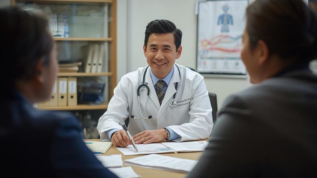 医師が血液検査の結果用紙を指差しながら、フリーテストステロン値について説明している様子