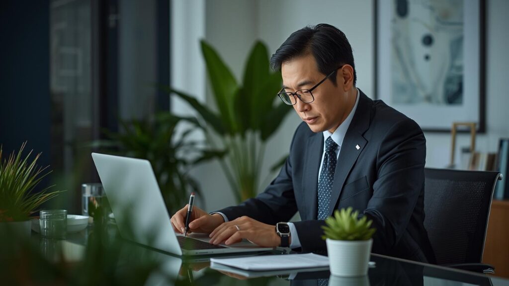 パソコンに向かい、真剣な表情で上司への業務調整メールを作成している男性