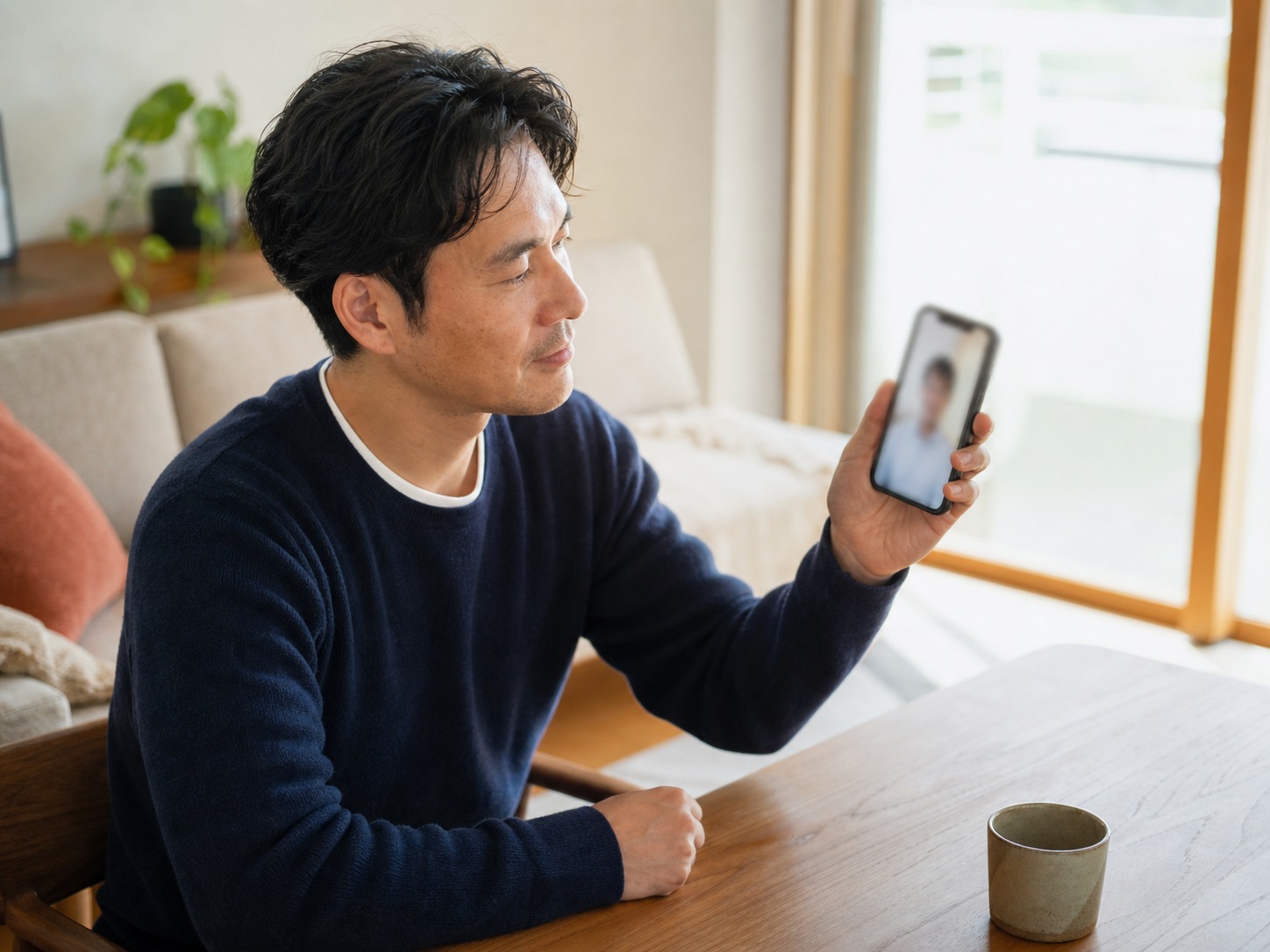 自宅からスマートフォンで産業医面談を受ける従業員のイメージ